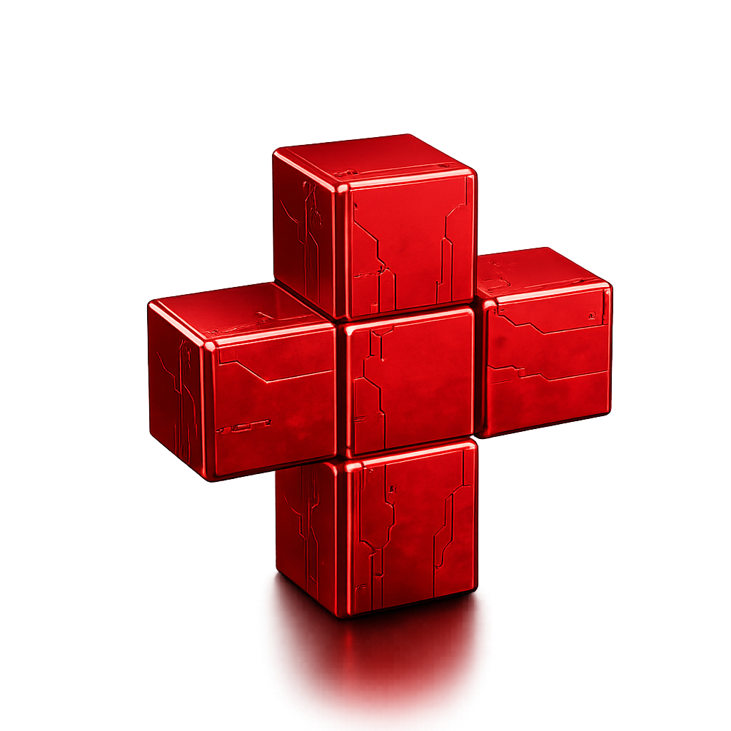 Swiss cross built from red metallic cubes etched with circuit lines